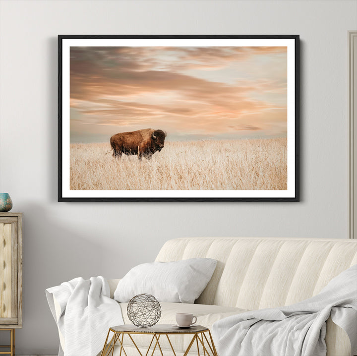 Bison Wall Art Canvas Print, Buffalo Print, Framed Western Prairie Art Print, Large Rustic Wildlife Printing Perfect for Rustic Decor