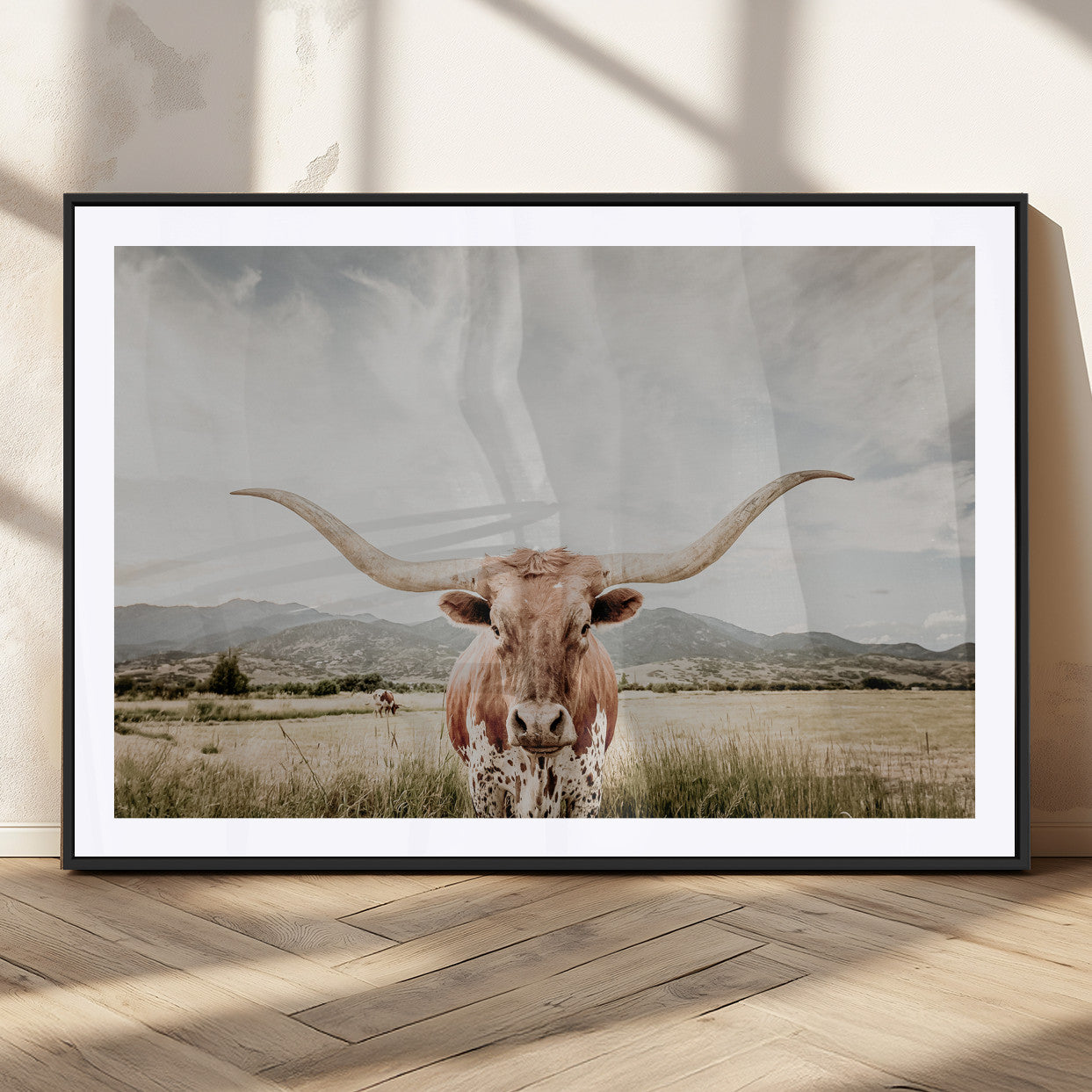 MGC-FP-36x24 - Texas Longhorn Wall Art Canvas Print, Framed Western Cow Art Picture Print, Rustic Farmhouse Perfect Farmhouse Decor Artwork