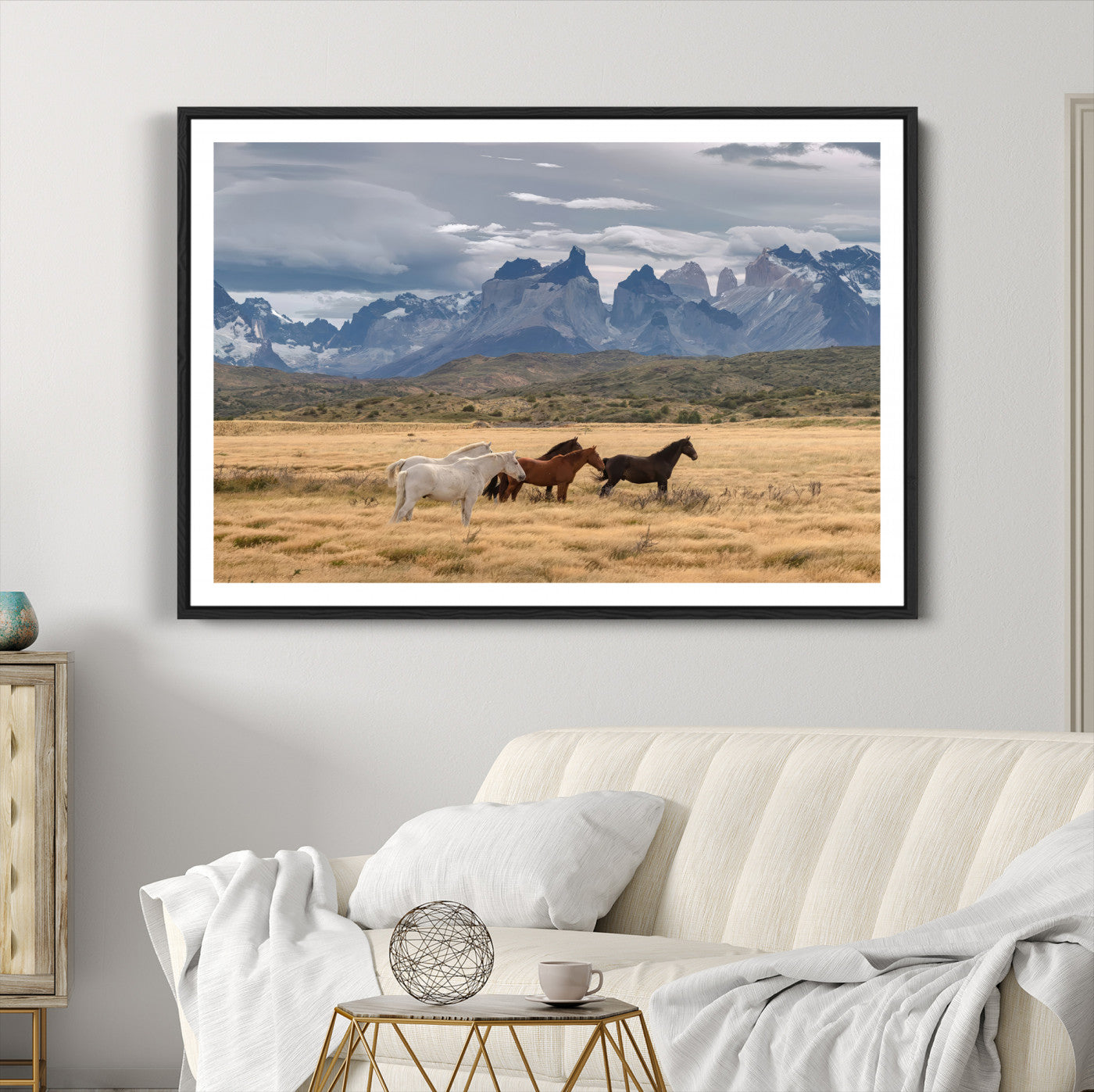 69960232-MGC-FP-36x24-Horses Grazing Wall Art Canvas Print – Framed Mountain Field Scenic Landscape Cloudy Sky Nature Artwork for Home Office