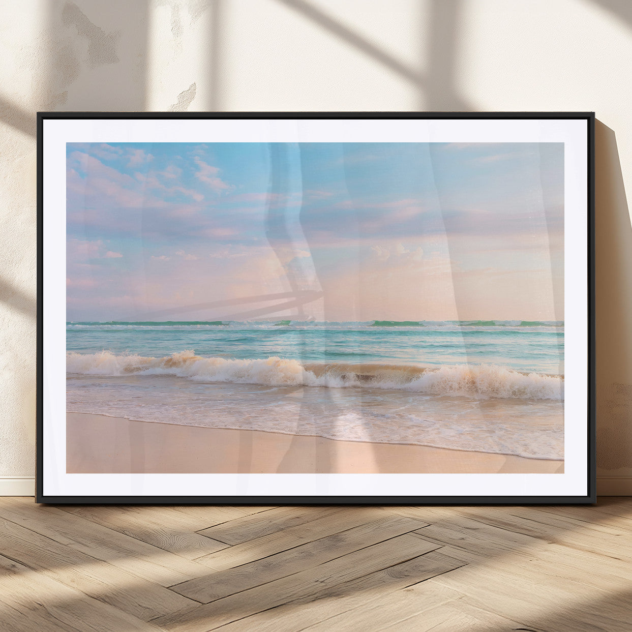 74679437-MGV-CV-36X24 - Serene Waves Wall Art – Golden Shore & Soft Pastel Sky Canvas Print, Gentle Ocean and Peaceful Sunset for Living Room or Office