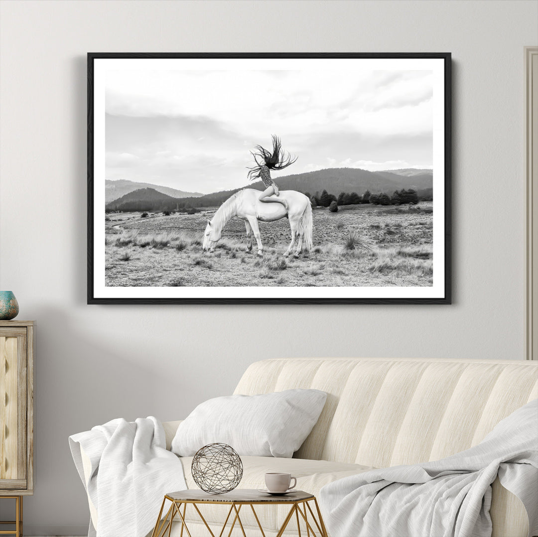 White Horse Wall Art Canvas Print, Woman Rider Print, Framed Equestrian Pose Art Print, Large Grazing Horse Printing Western Boho