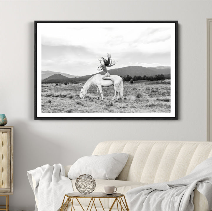 White Horse Wall Art Canvas Print, Woman Rider Print, Framed Equestrian Pose Art Print, Large Grazing Horse Printing Western Boho