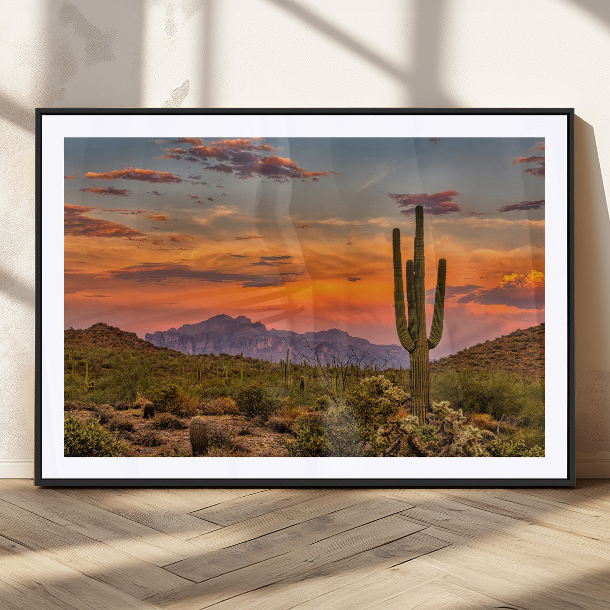 MGC-FP-36x24 - Saguaro Cactus Wall Art Canvas Print, Framed Arizona Sunset Art Picture Print, Sonoran Desert Perfect Southwestern Boho Decor Artwork