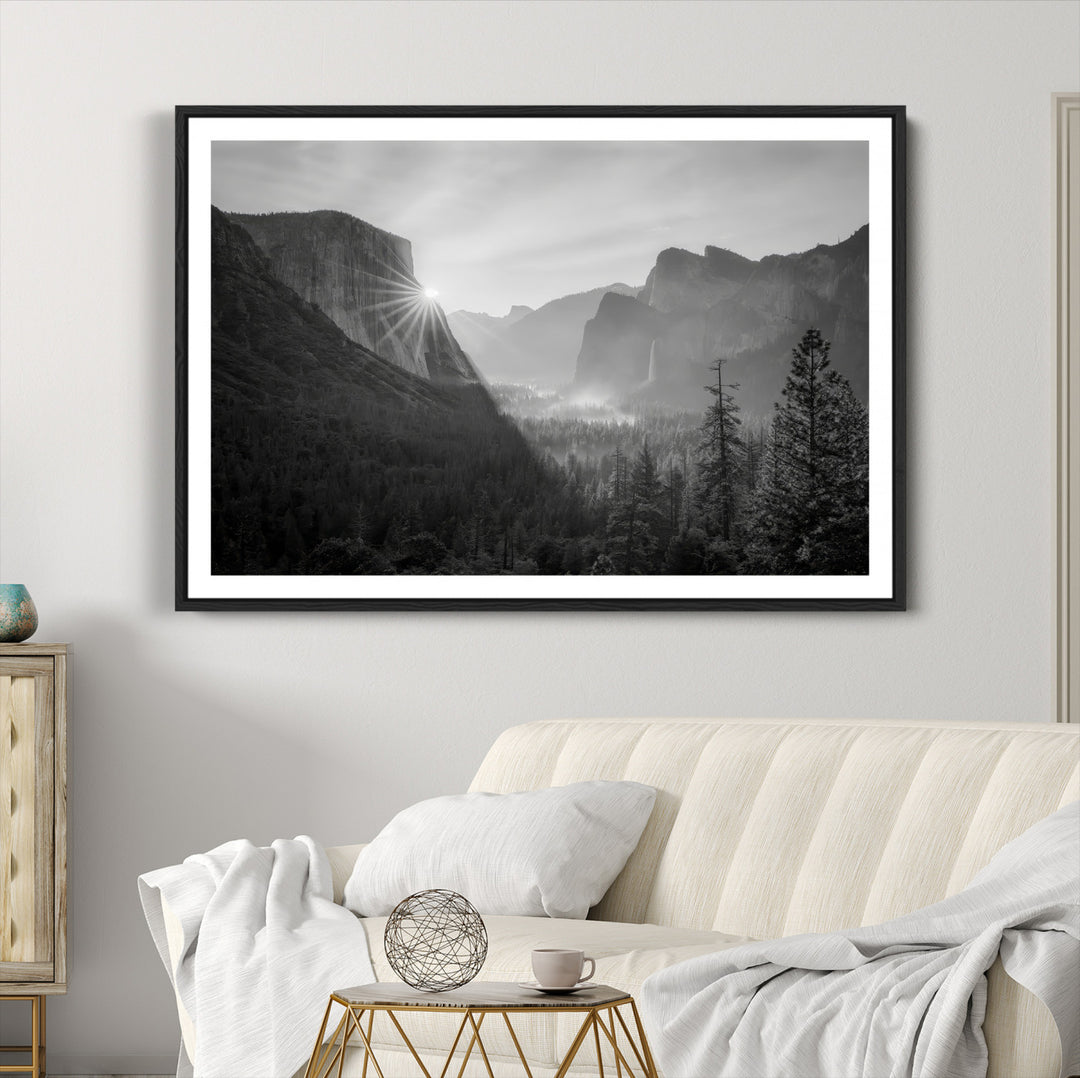 Yosemite Valley Wall Art Canvas Print, El Capitan Sunrise Print, Framed Misty Mountain Art Print, Large Monochrome Valley Printing