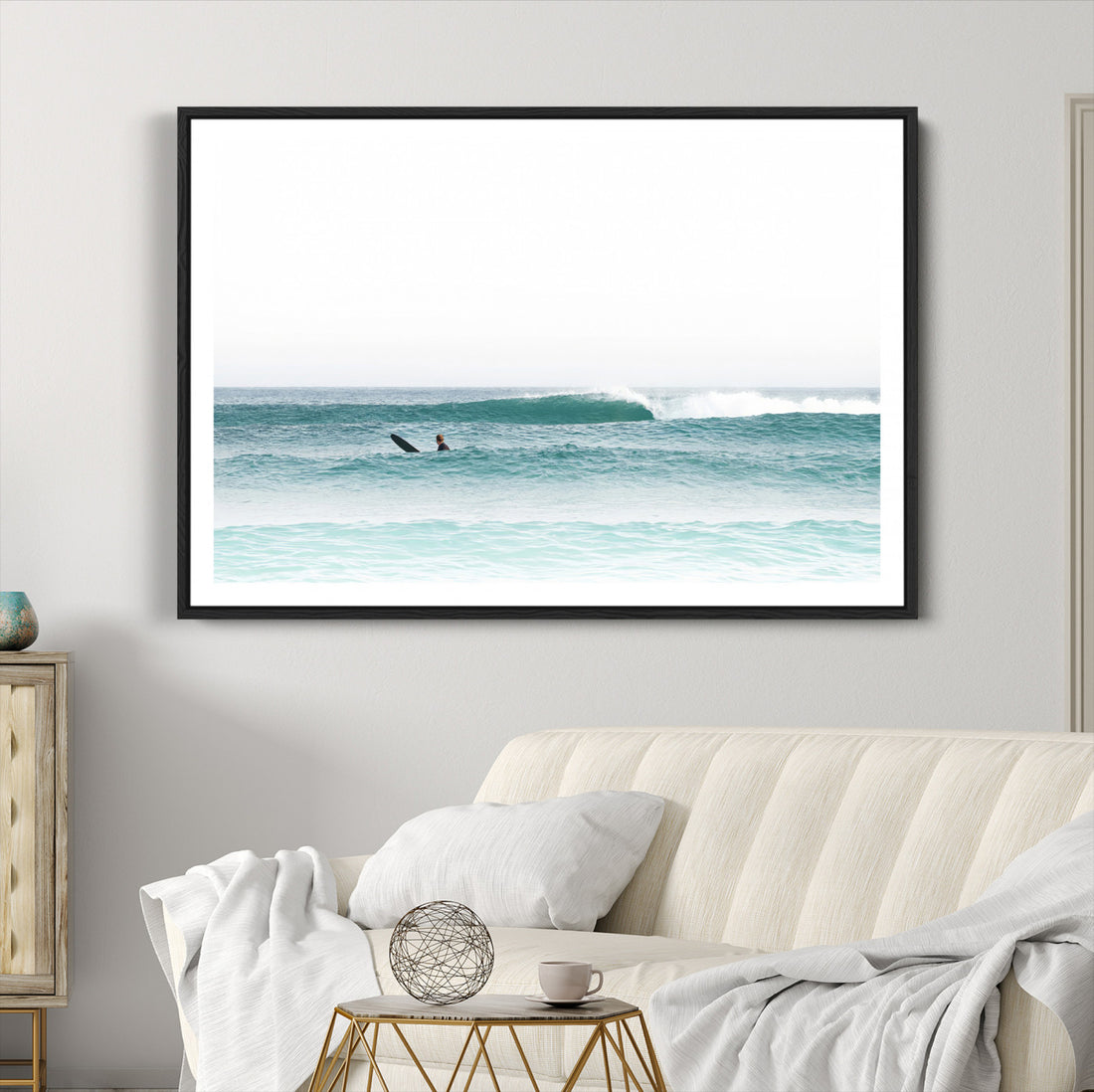 Surfing Wall Art Canvas Print, Framed Minimalist Ocean Waves Beach Art