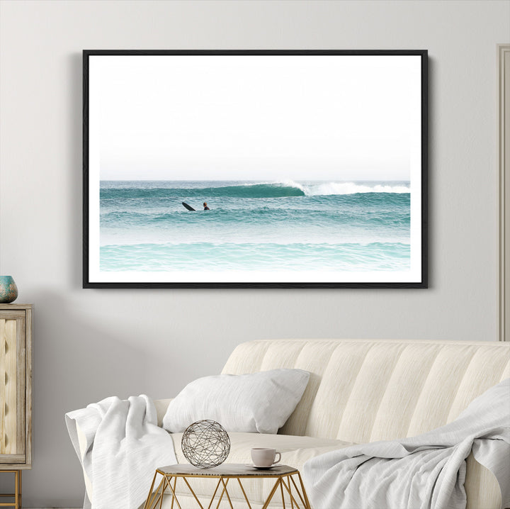 Surfing Wall Art Canvas Print, Framed Ocean Art Picture Print, Waves Perfect Minimalist Decor