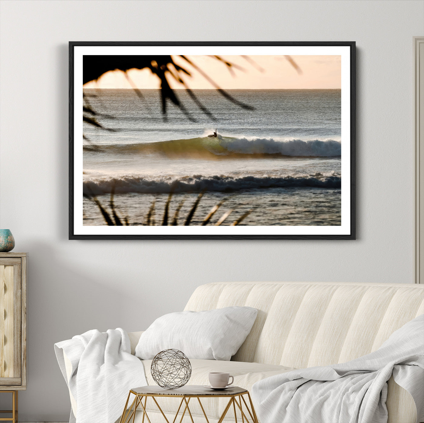 24896468-MGC-FP-36x24-Sunset Surf Wall Art Canvas Print – Framed Golden Hour Waves Scene Artwork for Boho Home, Office, Living Room Decor