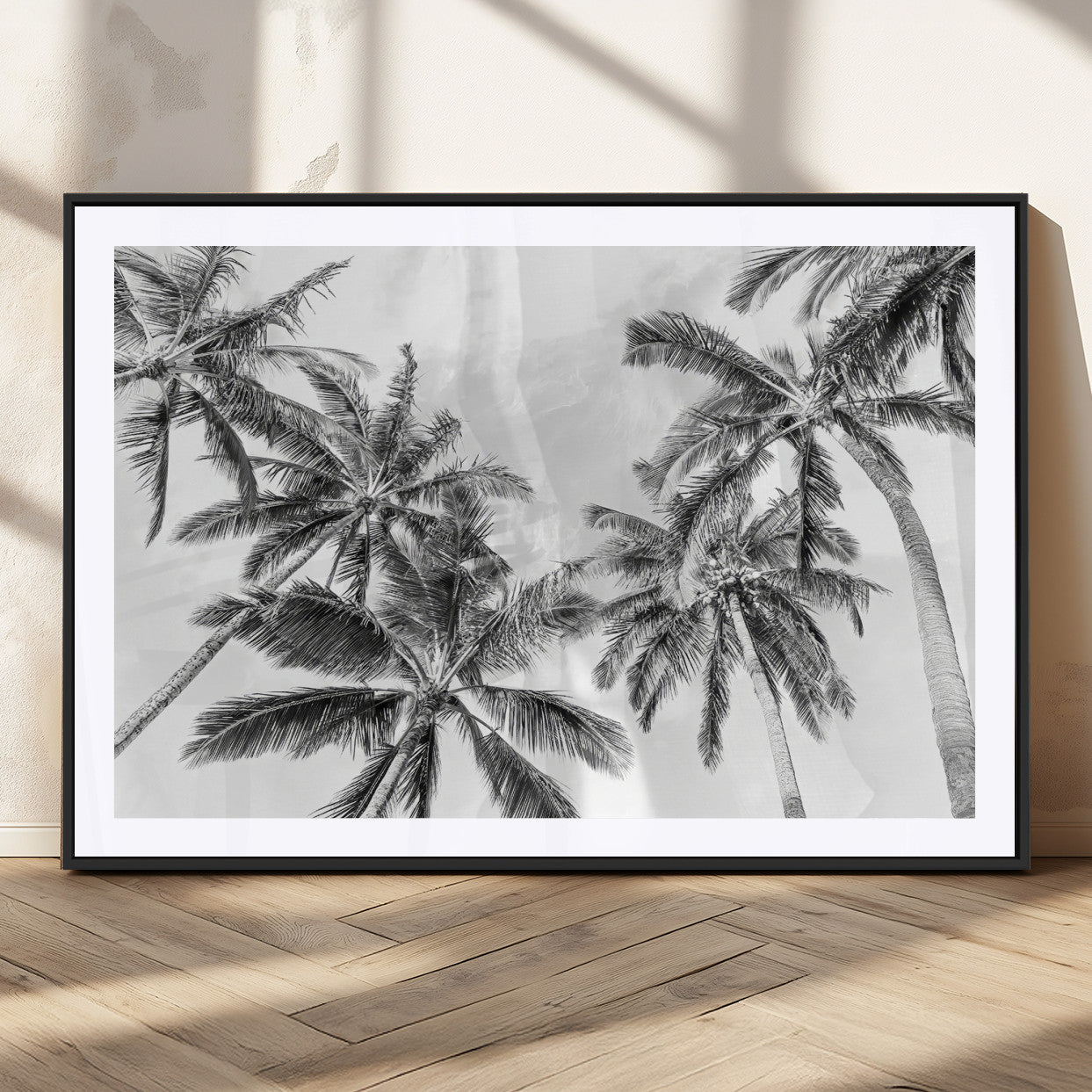 MGC-FP-36x24 - Black White Palm Wall Art Canvas Print, Framed Monochrome Tropics Art Picture Print, Minimalist Beach Perfect Coastal Minimalist Decor Artwork