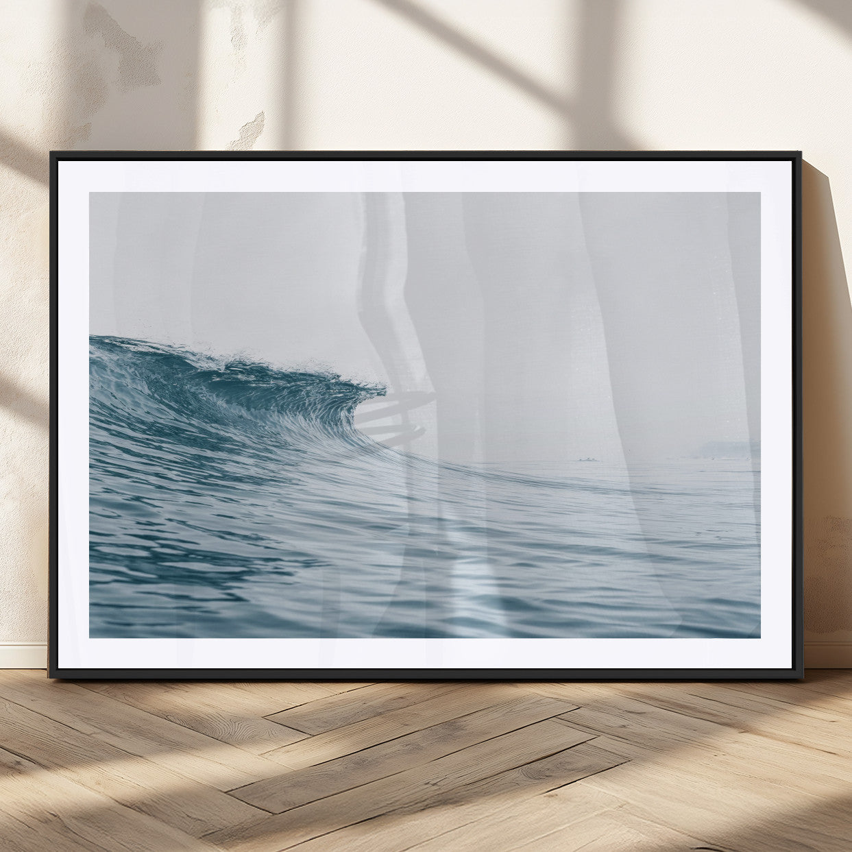 A single ocean wave curling in soft blue tones under a misty sky, ideal for coastal or minimalist home wall decor.