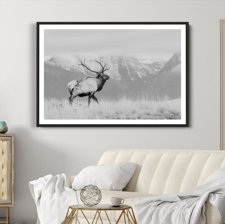 Rustic Elk Wall Art Canvas Print, Wildlife Antler Print, Framed Western Hunting Lodge Art Print, Large Mountain Nature Scene Printing Perfect for Japanese Decor