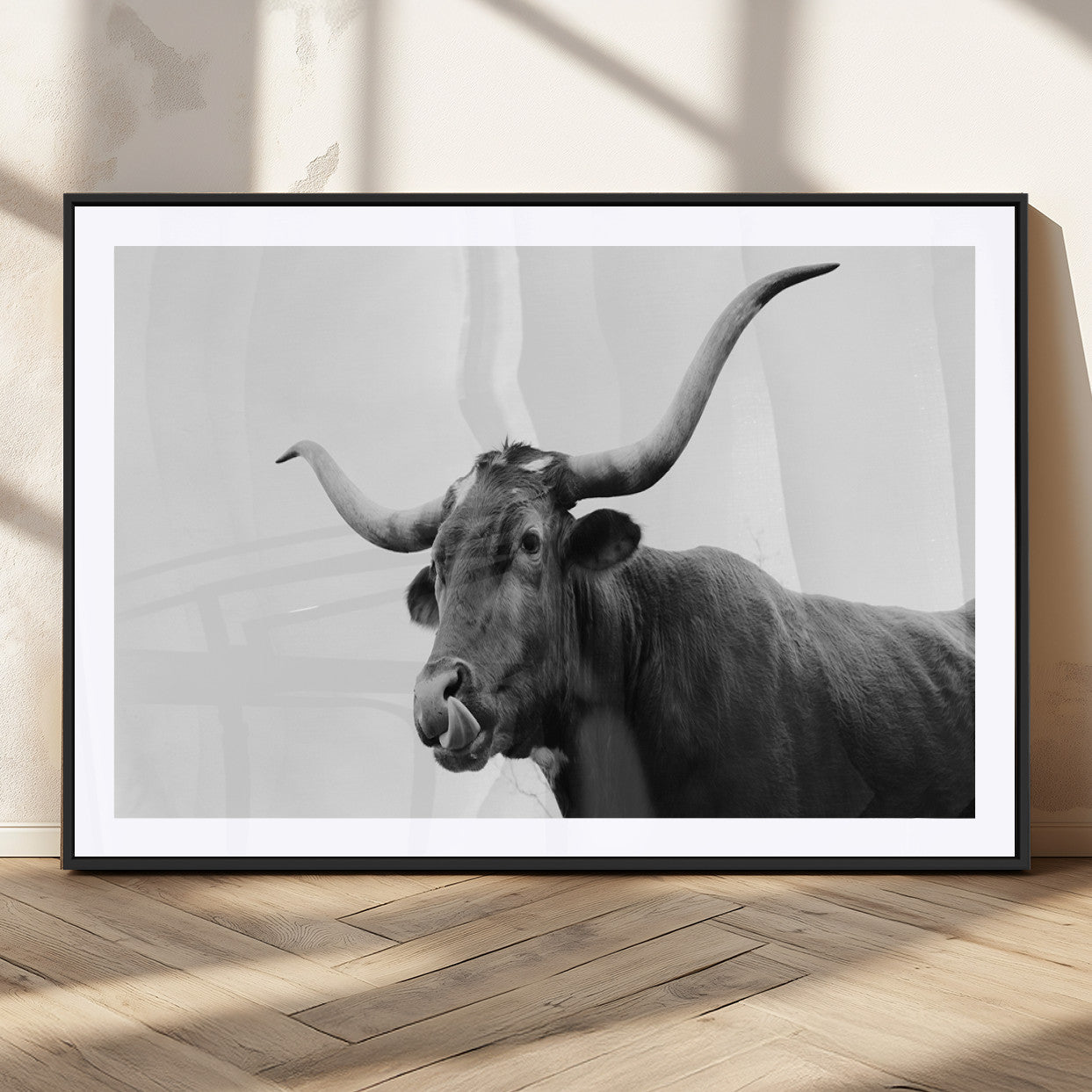 Black and white photo of a Texas Longhorn cow with curved horns, ideal for rustic, western or minimalist style home decor.