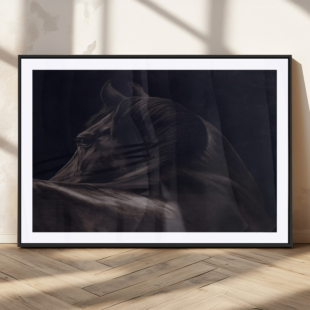 Moody black horse portrait with dramatic lighting on dark background, ideal for rustic, modern or Western style home decor.