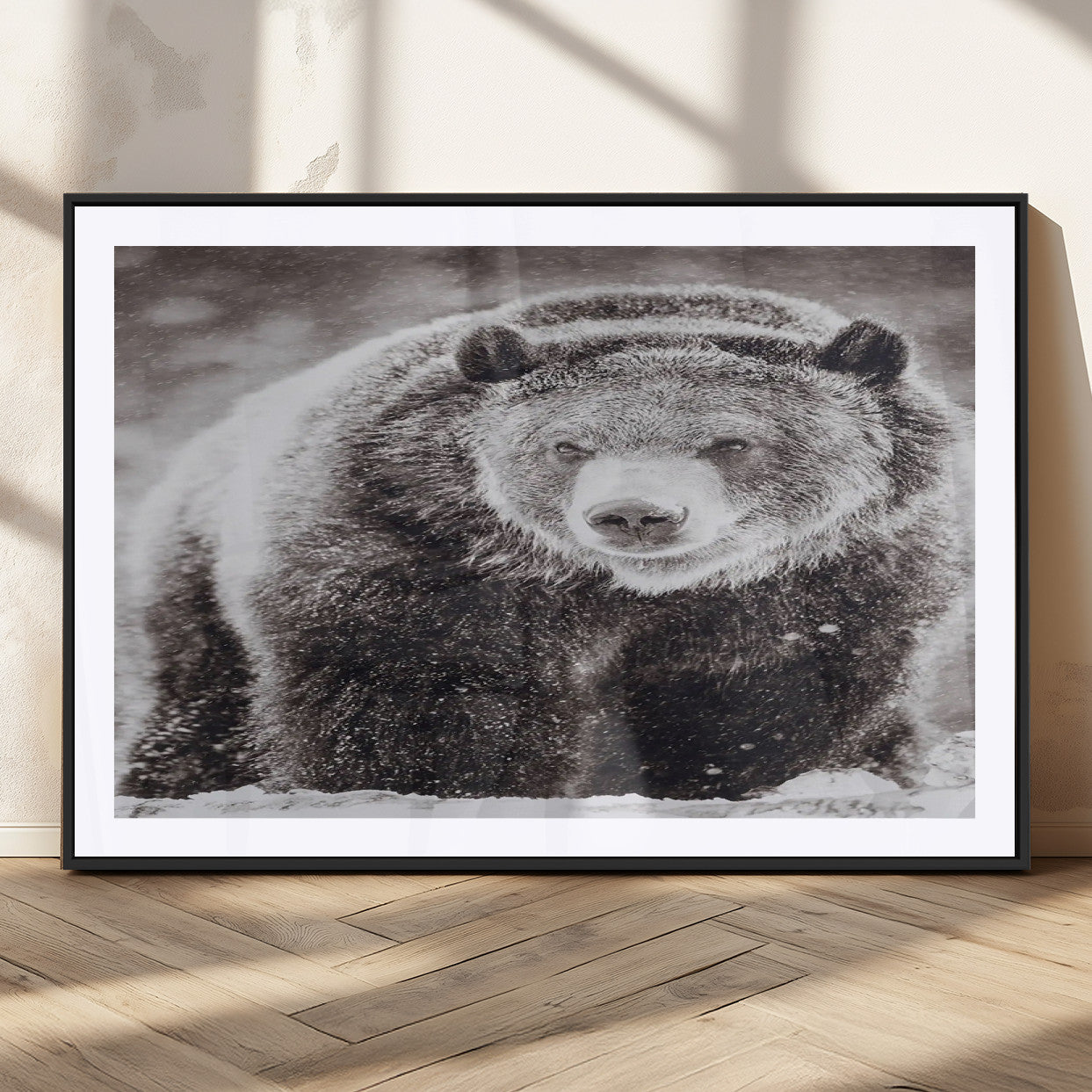 Snow-covered grizzly bear in black and white, ideal for rustic lodge, cabin or wildlife-themed home wall decor.