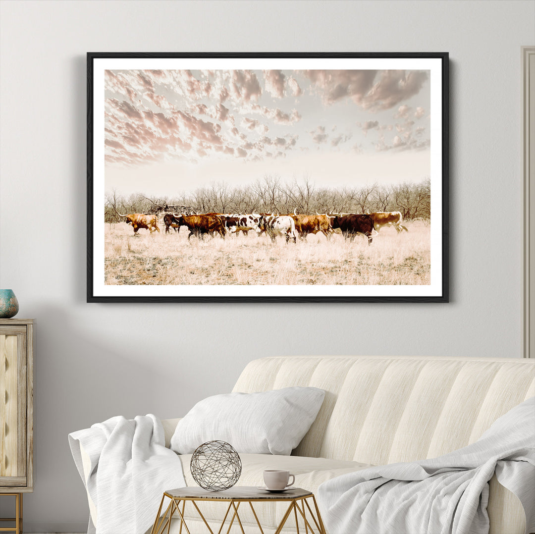 Longhorn Cattle Wall Art Canvas Print, Texas Ranch Print, Framed Western Cow Art Print, Large Prairie Landscape Printing Perfect for Western Decor