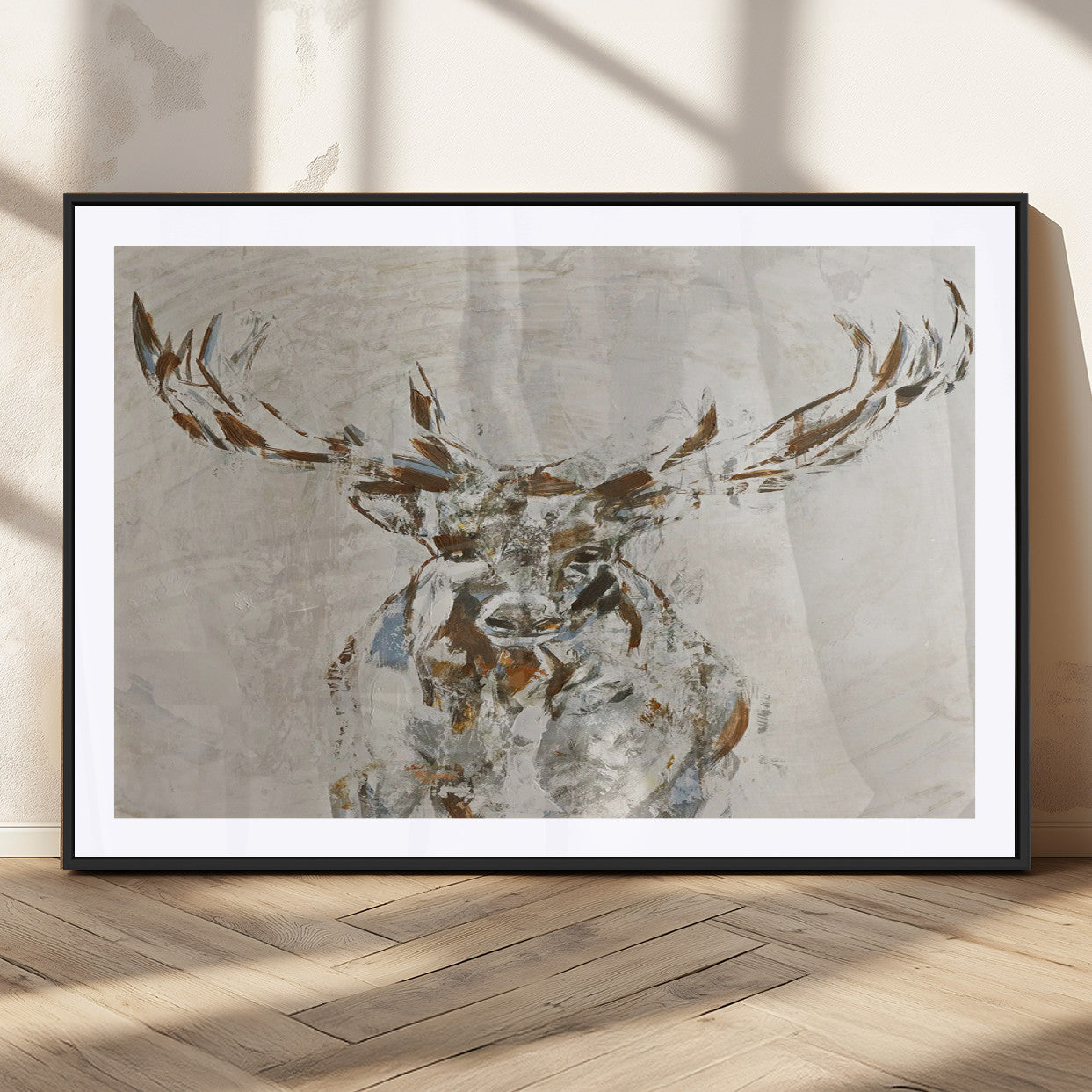 Abstract painting of a deer with antlers in neutral earth tones, ideal for modern rustic or lodge-style living room wall decor.