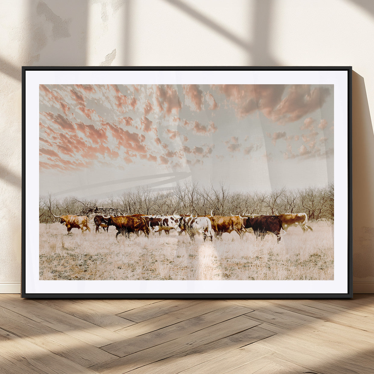 Cattle herd in a soft-toned field under a pastel pink sky, creating a peaceful rustic feel, perfect for farmhouse or western-themed spaces.