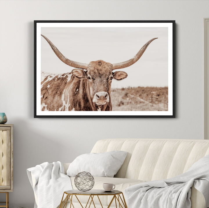 Longhorn Bull Wall Art Canvas Print, Framed Rustic Cow Art Picture Print, Neutral Farmhouse Perfect Rustic Neutral Farmhouse Decor