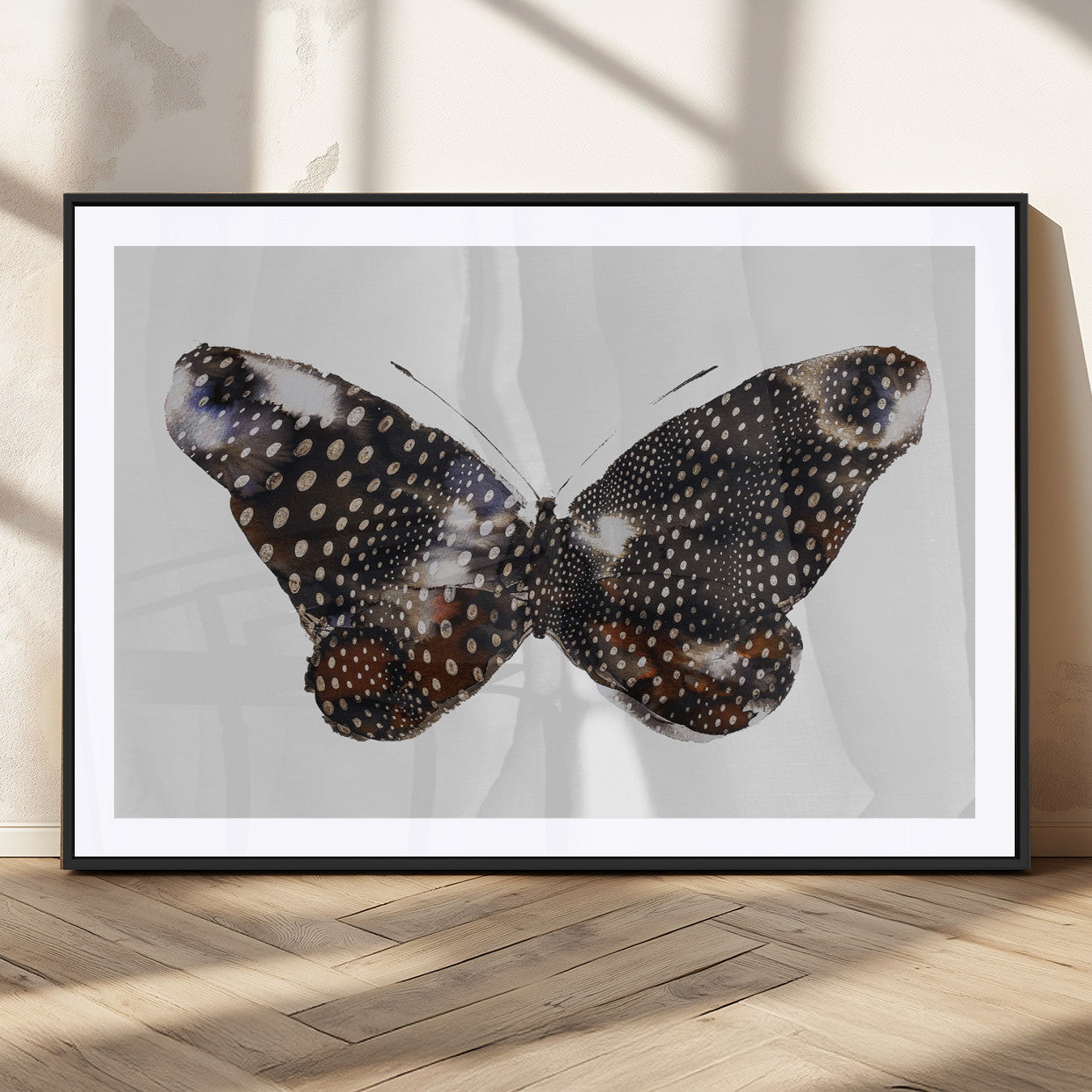 MGC-FP-36x24 - Spotted Butterfly Wall Art Canvas Print, Framed Neutral Insect Theme Art Picture Print, Earthy Wing Pattern Perfect Modern Rustic Decor Artwork