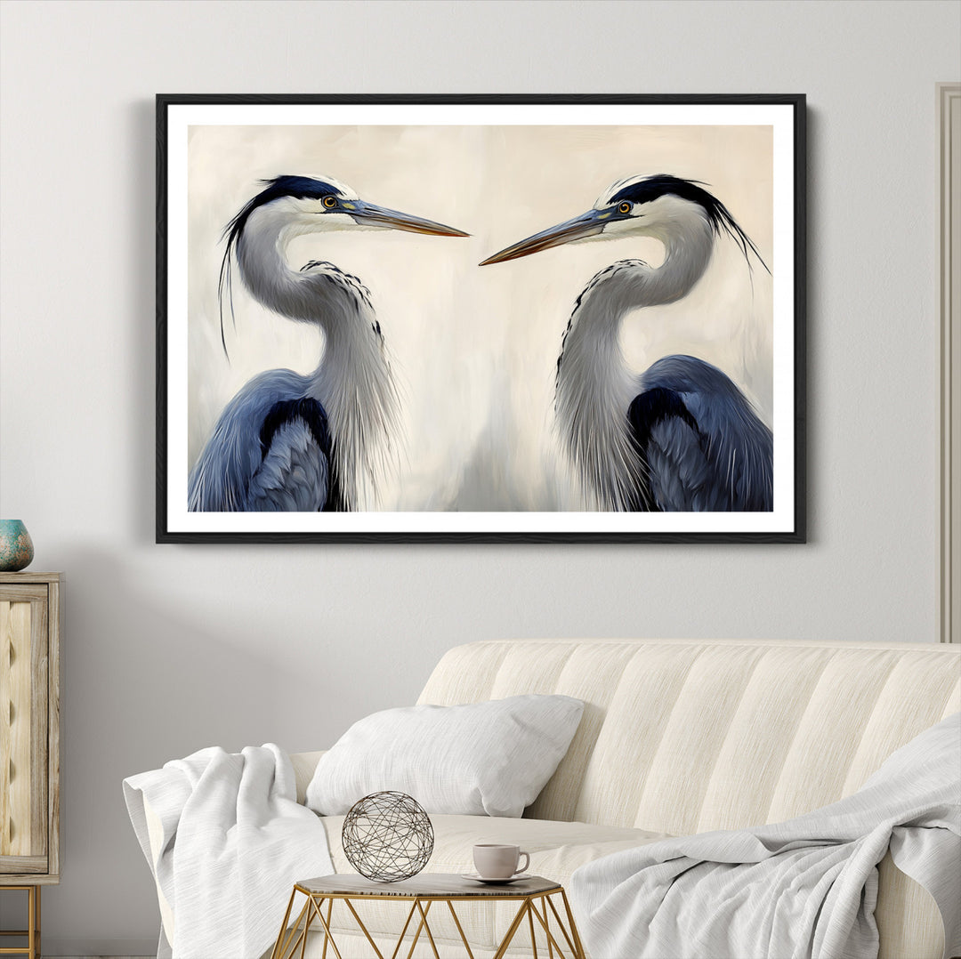Blue Heron Pair Wall Art Canvas Print, Coastal Bird Theme Print, Framed Tranquil Wildlife Scene Art Print, Large Nature Inspired Decor Printing