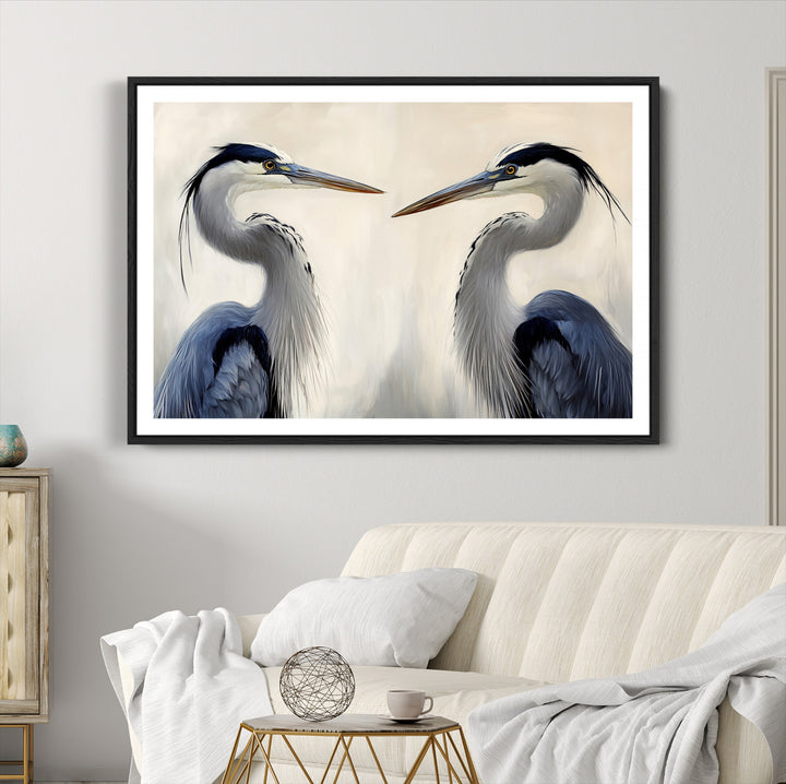 Blue Heron Pair Wall Art Canvas Print, Coastal Bird Theme Print, Framed Tranquil Wildlife Scene Art Print, Large Nature Inspired Decor Printing