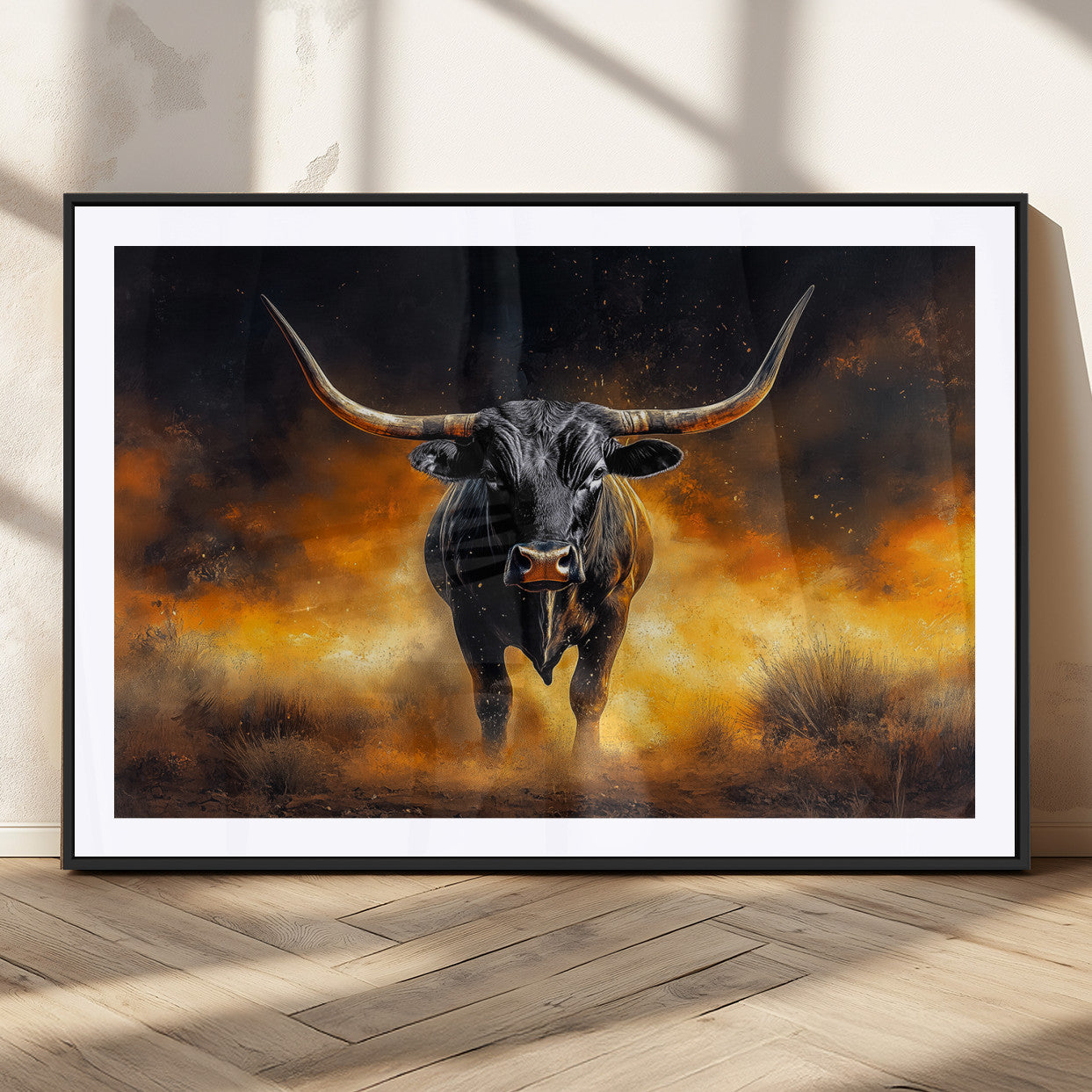 MGC-FP-36x24 - Longhorn Canvas Wall Art Canvas Print, Framed Bold Bull Wall Art Art Picture Print, Western Animal Decor Perfect Western Dramatic Decor Artwork