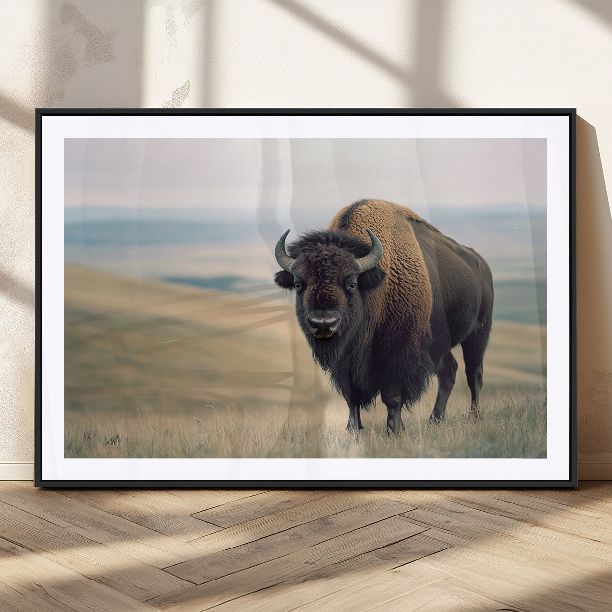 A bison standing strong on a grassy prairie with rolling hills in the background, perfect for rustic and Western-inspired wall decor.