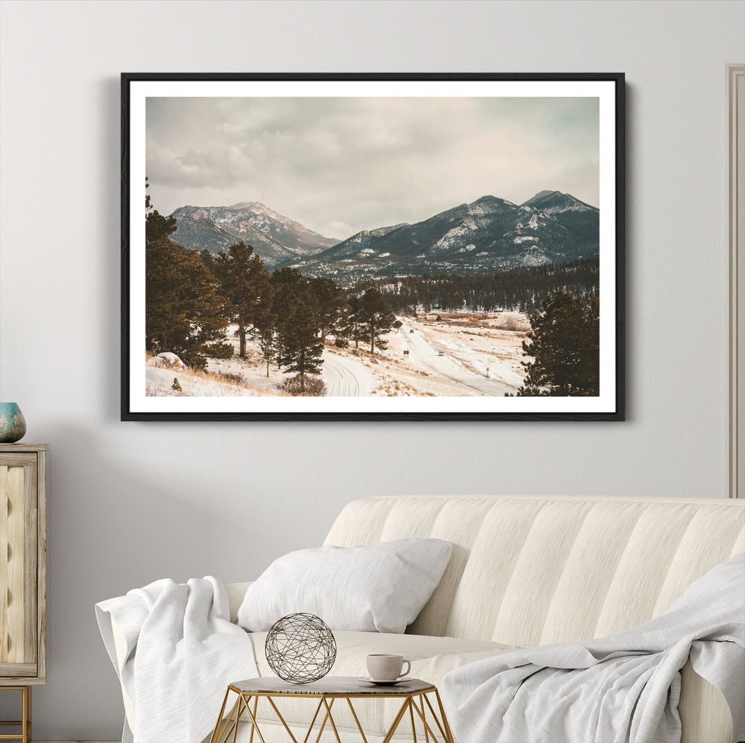 Mountain Landscape Wall Art Canvas Print, Framed Snowy Peaks Art Picture Print, Alpine Aesthetic Perfect Rustic Winter Decor Artwork