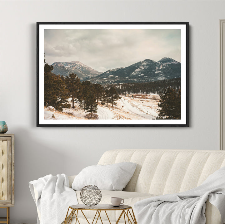 Mountain Landscape Wall Art Canvas Print, Framed Snowy Peaks Art Picture Print, Alpine Aesthetic Perfect Rustic Winter Decor Artwork