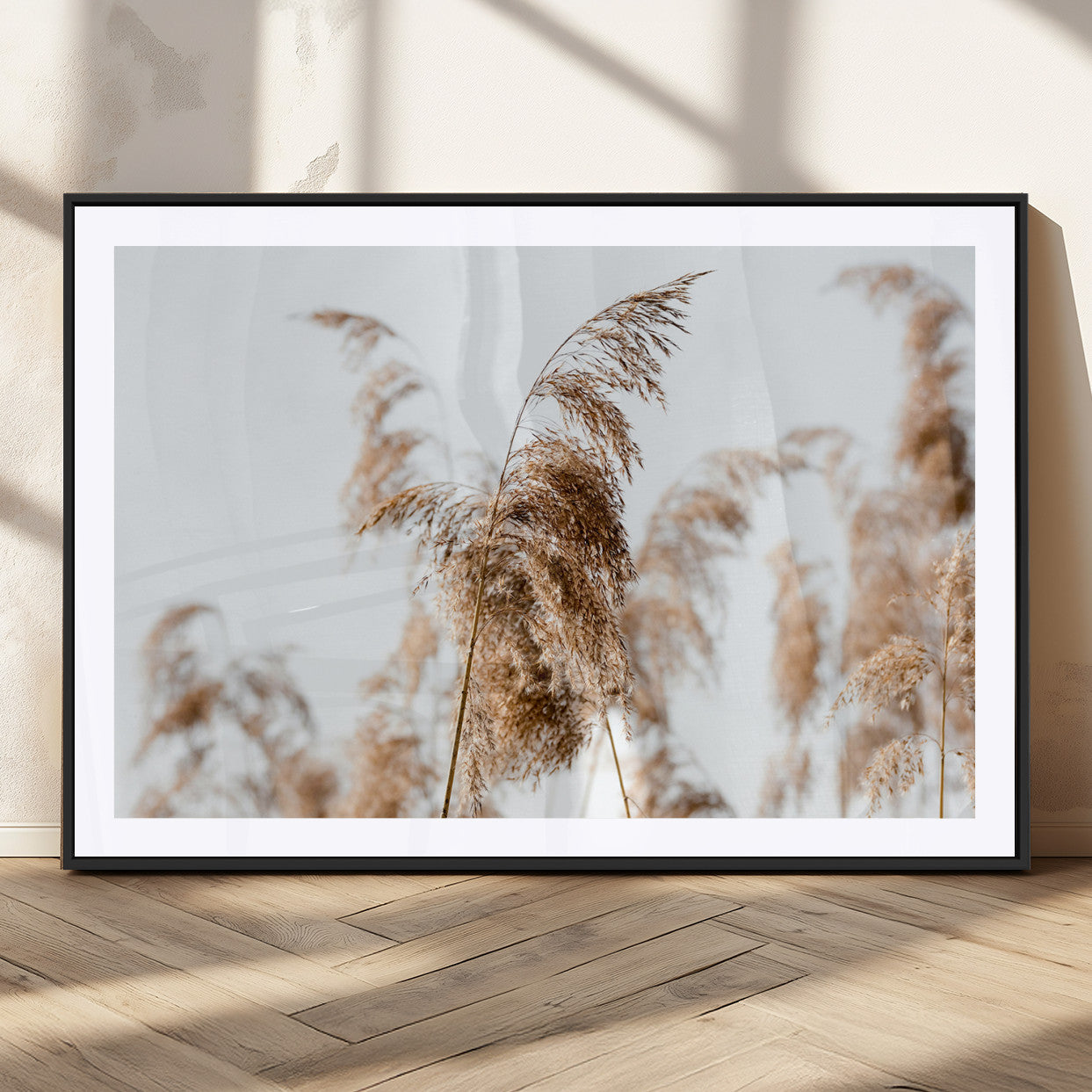 Close-up of pampas grass swaying in the wind against a soft white sky, creating a neutral and minimalist botanical aesthetic.