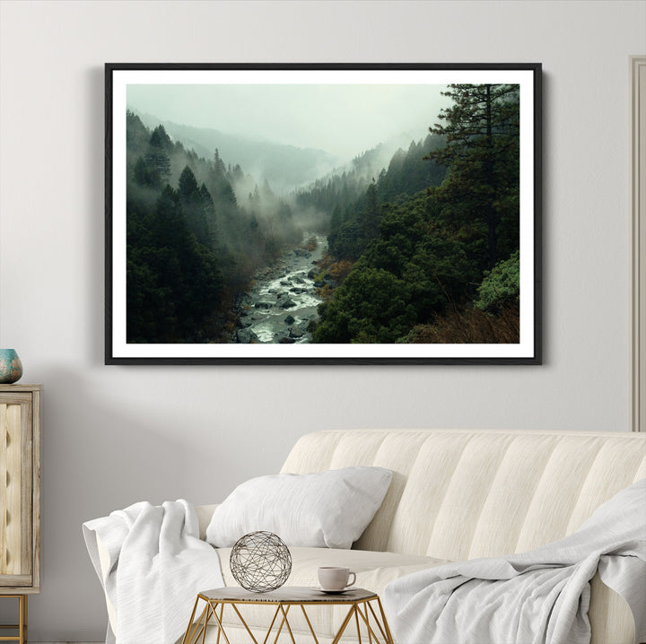 Misty Forest Wall Art Canvas Print, Framed Foggy River Art Picture Print, Moody Landscape Perfect Wilderness Decor Artwork