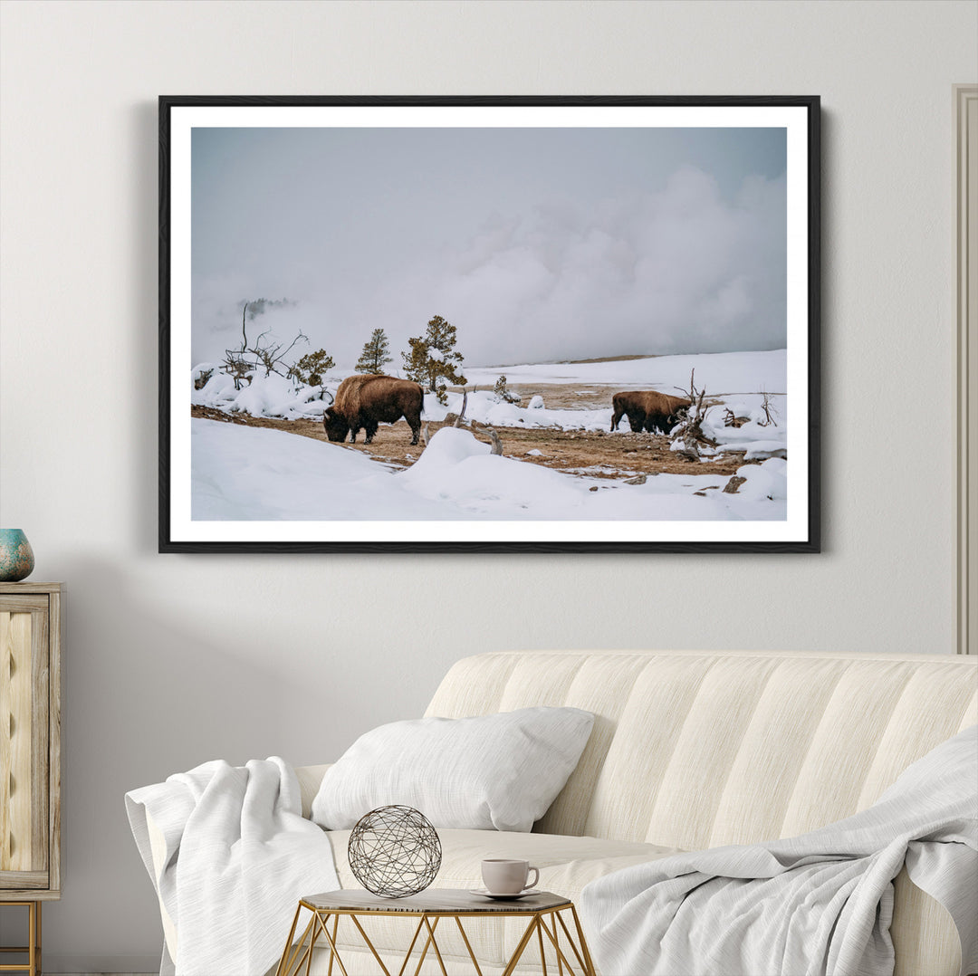 Bison Wildlife Wall Art Canvas Print, Framed Snowy Prairie Art Picture Print, Western Perfect Rustic Decor Artwork