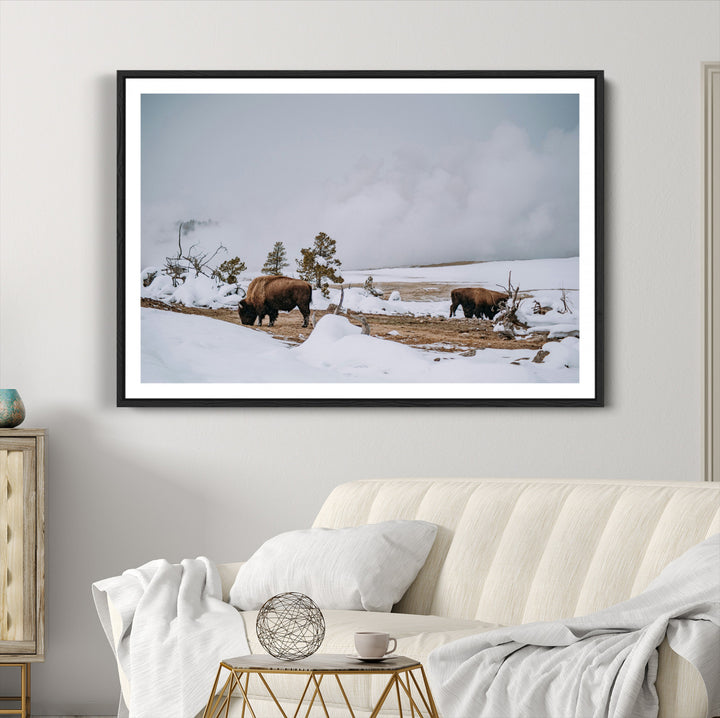 Bison Wildlife Wall Art Canvas Print, Framed Snowy Prairie Art Picture Print, Western Perfect Rustic Decor Artwork