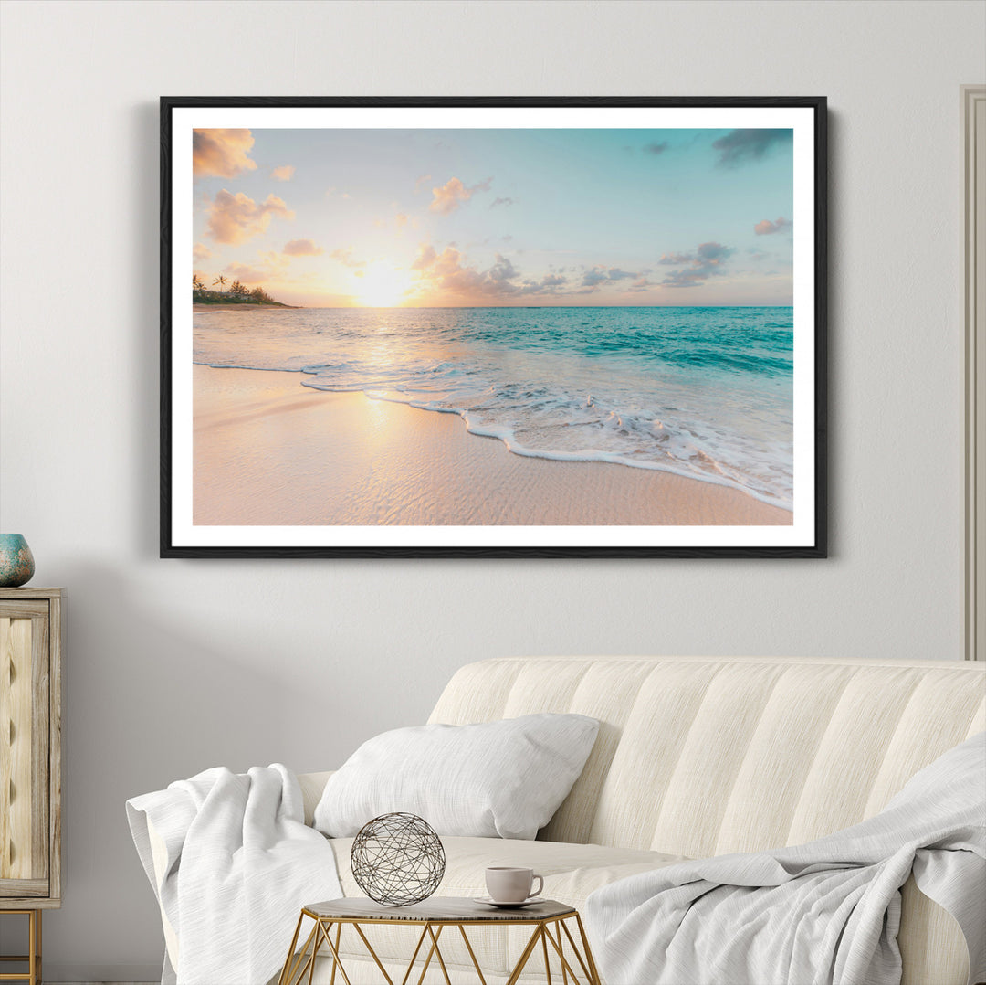 Beach Sunset Wall Art Canvas Print, Framed Ocean Waves Art Picture Print, Summer Escape Perfect Coastal Decor Artwork