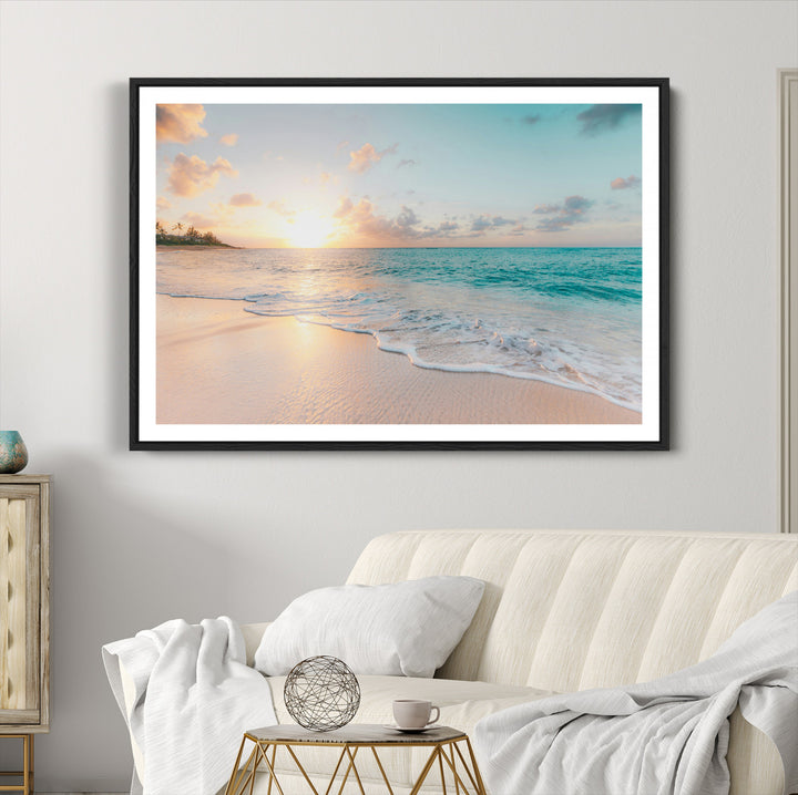 Beach Sunset Wall Art Canvas Print, Framed Ocean Waves Art Picture Print, Summer Escape Perfect Coastal Decor Artwork