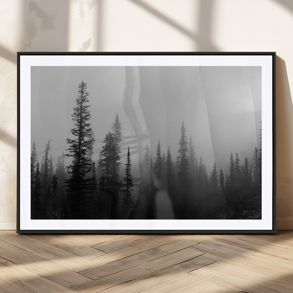 MGC-FP-36x24 - Misty Pines Wall Art Canvas Print, Framed Woodland Photography Art Picture Print, Minimalist Decor Perfect Rustic Decor Artwork