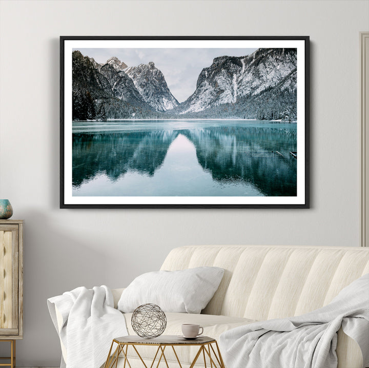 Mountain Lake Wall Art Canvas Print, Framed Winter Wonderland Art Picture Print, Snowy Peaks Perfect Modern Nature Decor Artwork