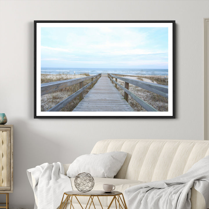 Beach Boardwalk Wall Art Canvas Print, Framed Coastal Serenity Art Picture Print, Ocean View Perfect Coastal Decor Artwork