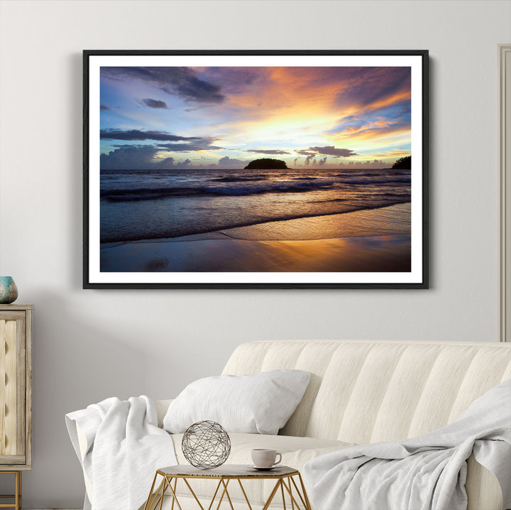 Beach Sunset Wall Art Canvas Print, Framed Ocean Waves Art Picture Print, Tropical Seascape Perfect Coastal Serenity Decor Artwork