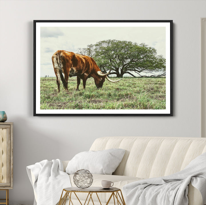 Texas Longhorn Wall Art Canvas Print, Framed Rustic Ranch Art Picture Print, Western Cattle Perfect Rustic Farmhouse Decor Artwork