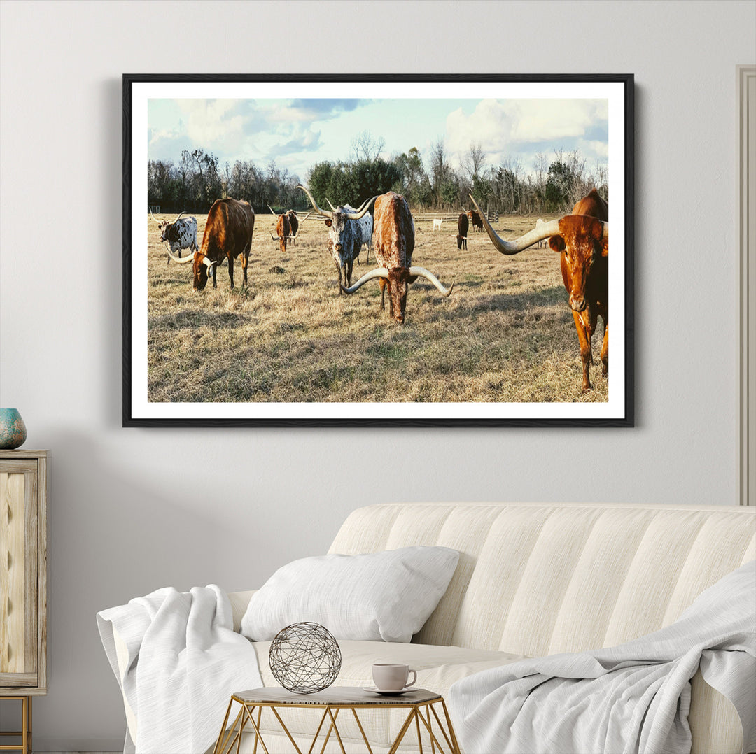 Texas Longhorns Wall Art Canvas Print, Framed Rustic Farm Scene Art Picture Print, Western Cattle Print Canvas Perfect Rustic Farmhouse