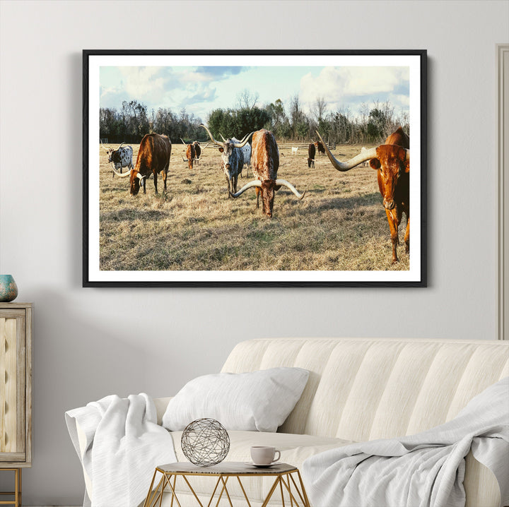Texas Longhorns Wall Art Canvas Print, Framed Rustic Farm Scene Art Picture Print, Western Cattle Print Canvas Perfect Rustic Farmhouse