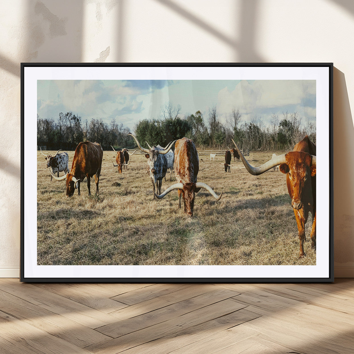 A herd of Texas Longhorn cattle grazing in an open field under a partly cloudy sky, capturing a rustic and Western ranch aesthetic.