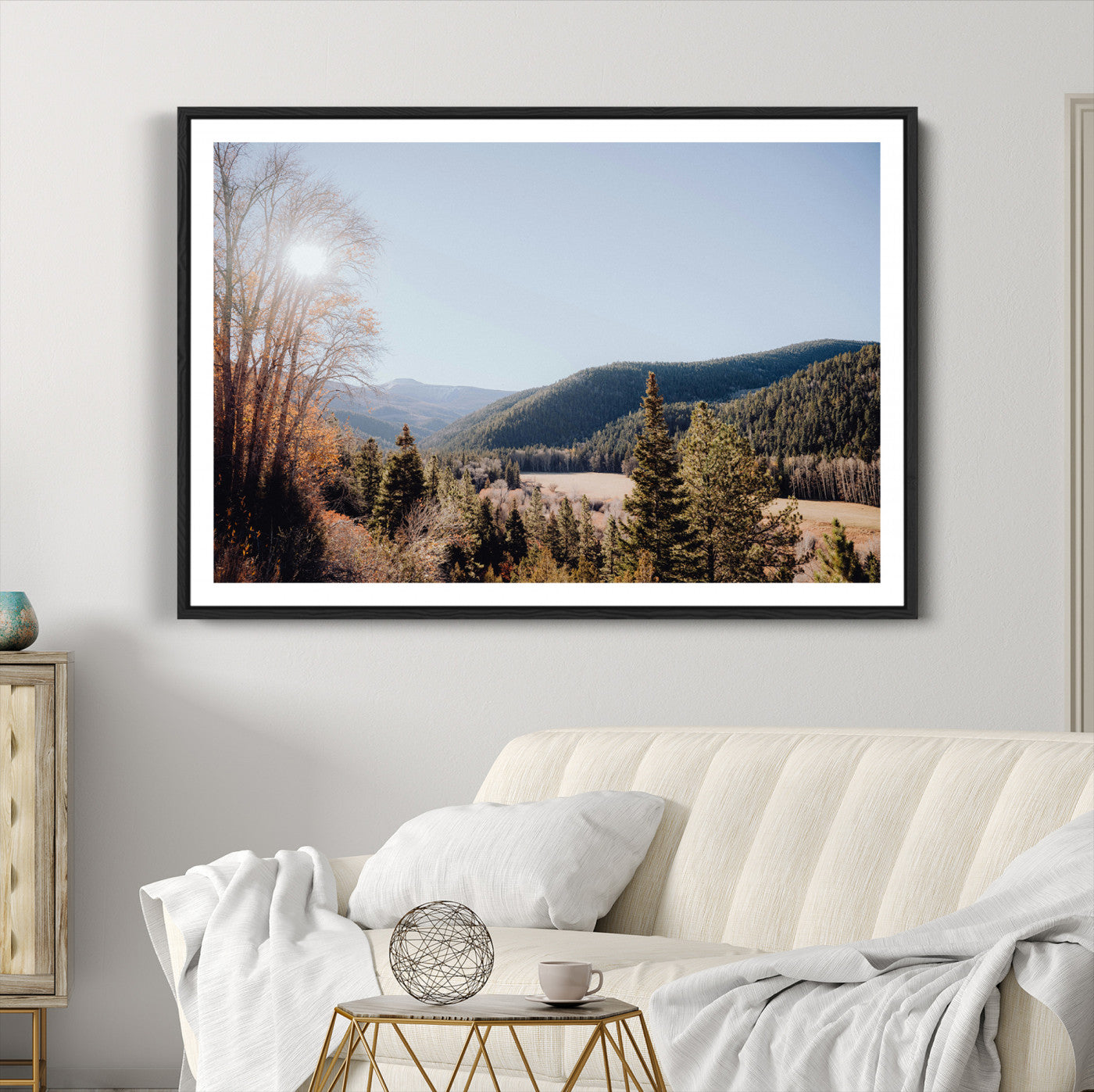 52941305-MGC-FP-36x24-Rustic Landscape Wall Art Canvas Print – Serene Valley Scene Pine Tree Horizon Nature Artwork for Home Office
