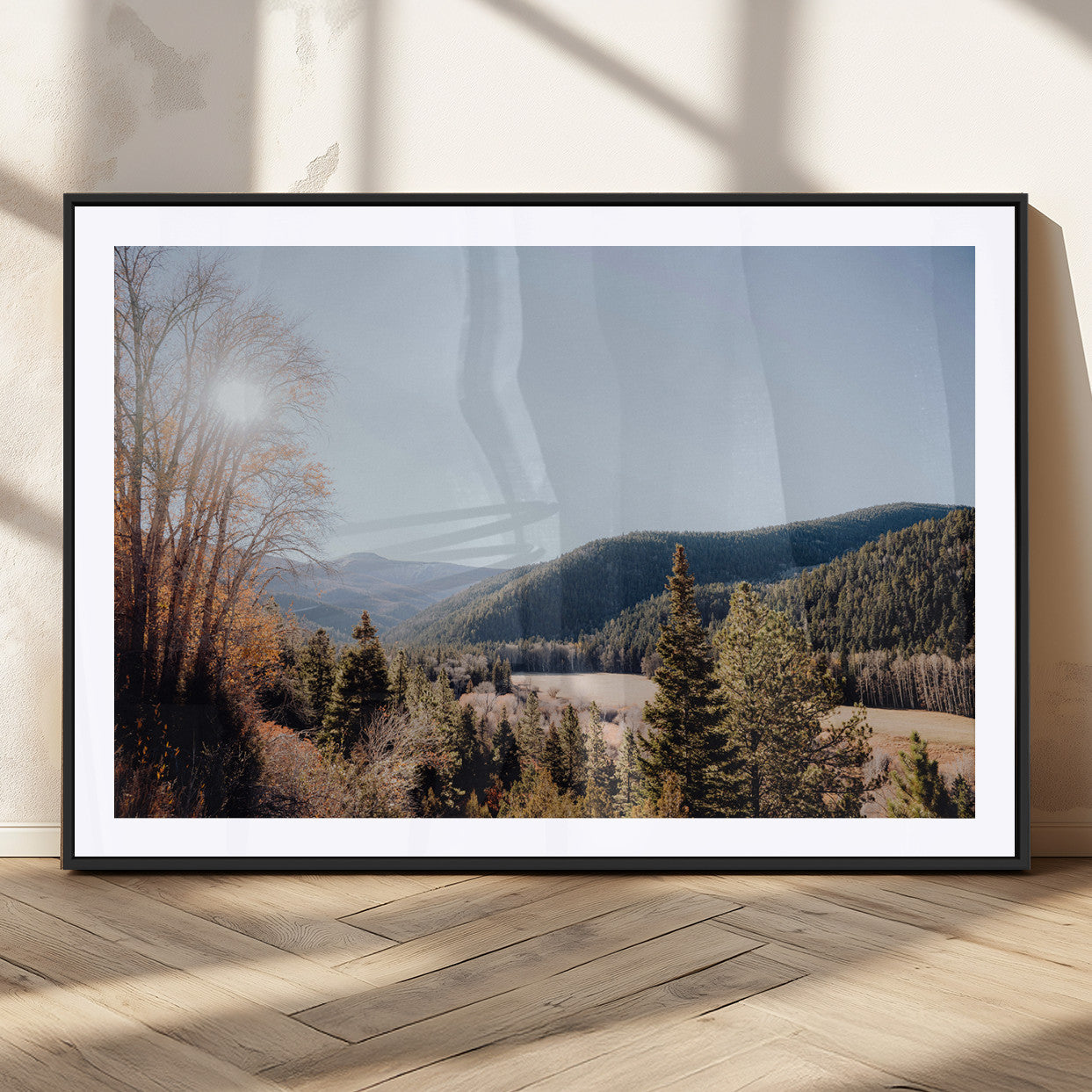 A scenic mountain valley with pine trees and autumn foliage under a clear sky, bathed in golden sunlight, creating a peaceful and rustic landscape.