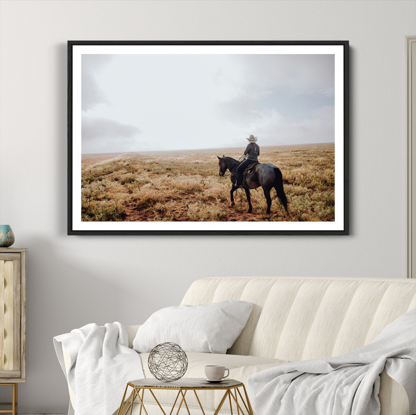 57597730-MGC-FP-36x24-Cowboy Wall Art Canvas Print – Framed Western Rustic Ranch Scene Country Landscape Artwork for Home Office