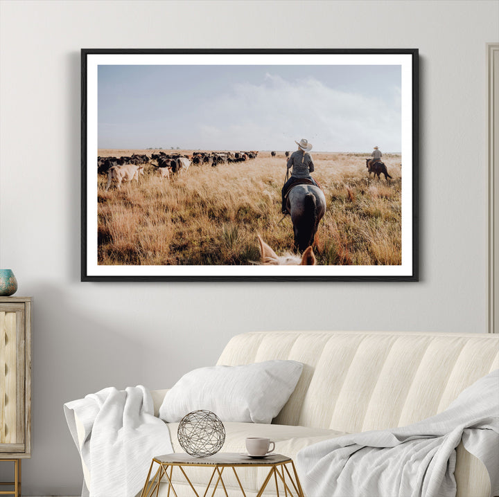 Western Wall Art Wall Art Canvas Print, Framed Cowboy Canvas Art Picture Print, Cattle Drive Scene Perfect Rustic Western Decor Artwork