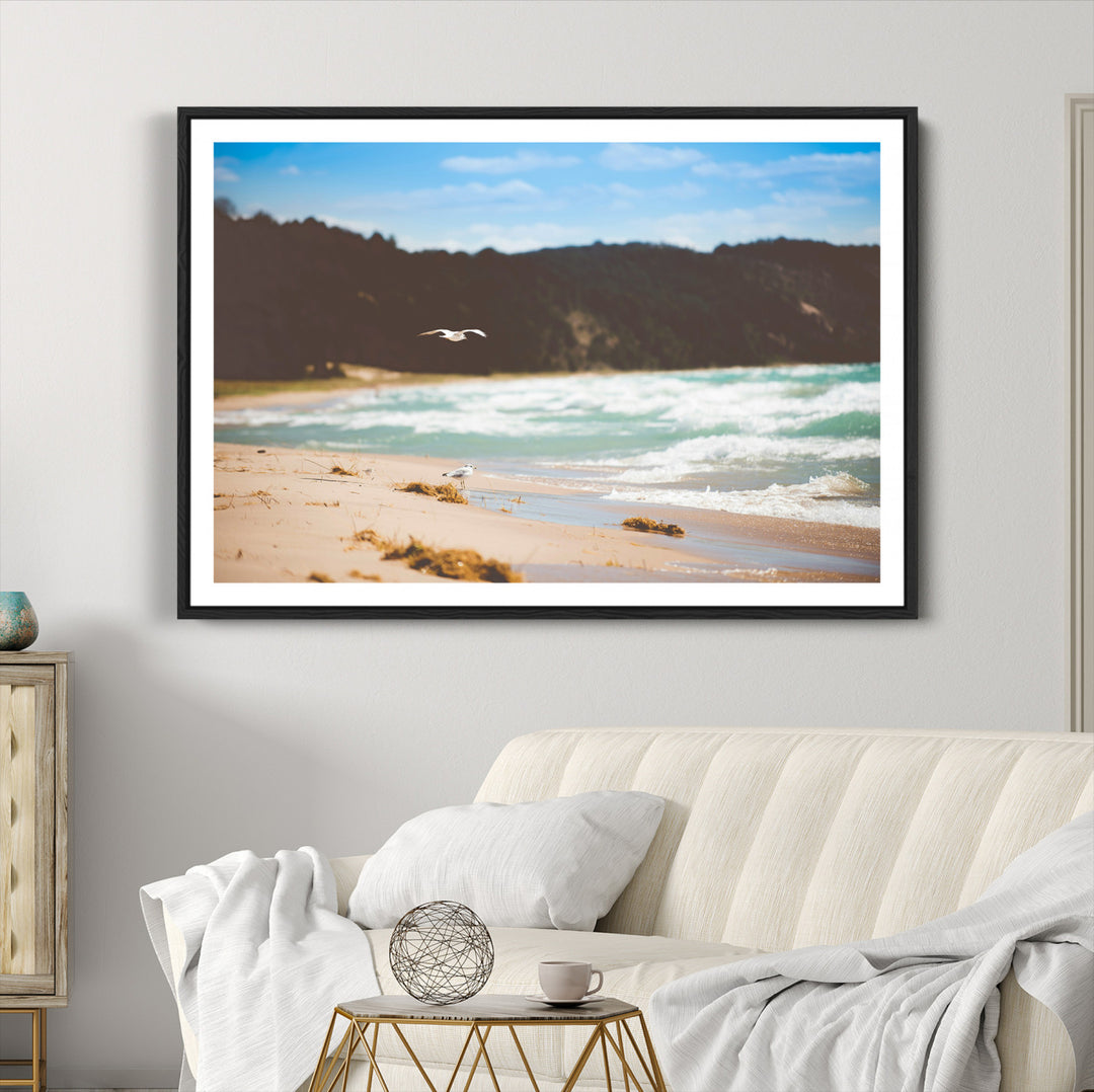 Tranquil Beach Scene Wall Art Canvas Print, Framed Blue Ocean Waves Art Picture Print, Sandy Coastline Perfect Coastal Cottage Decor Artwork