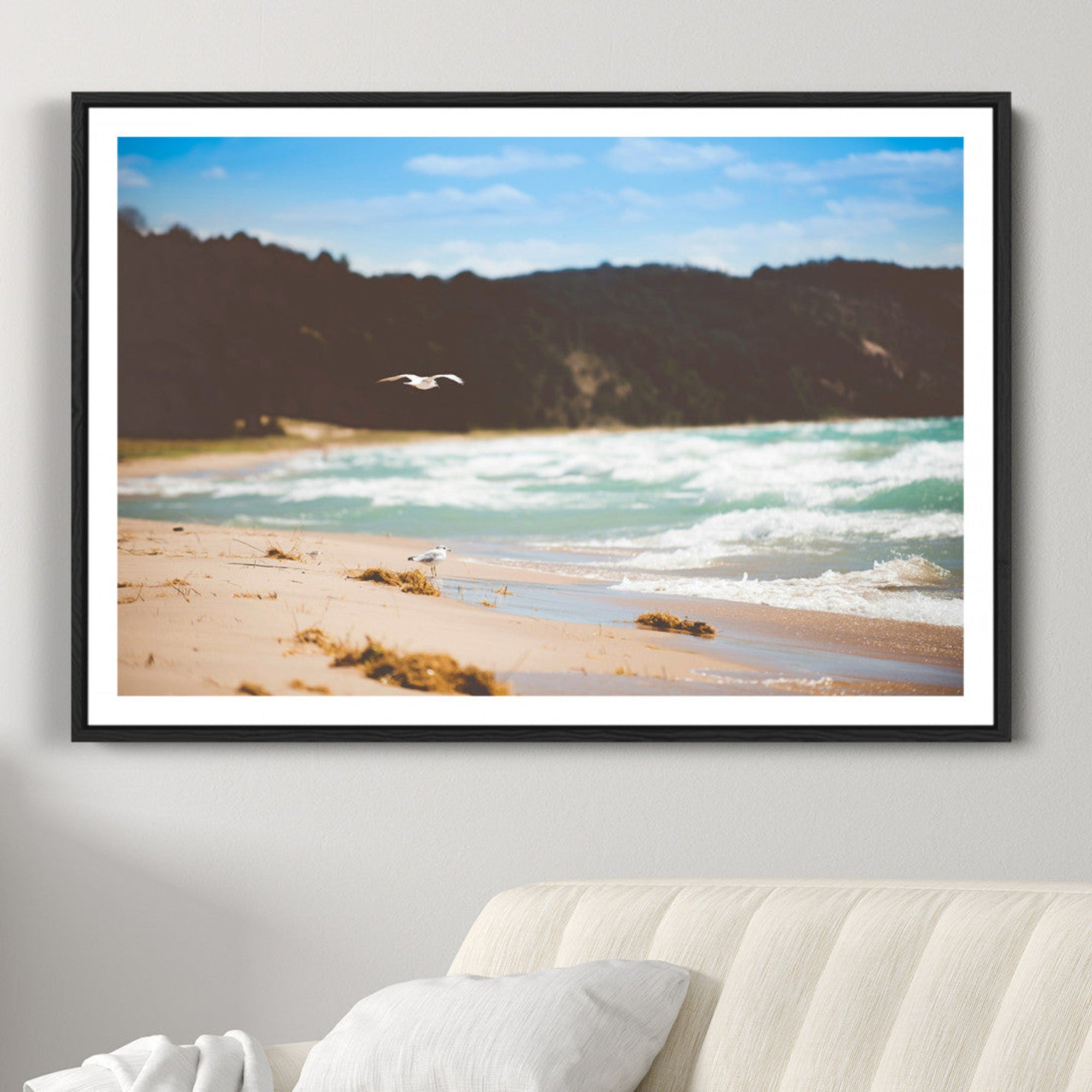 84260965-MGC-FP-36x24-Tranquil Beach Scene Wall Art Canvas Print – Framed Blue Ocean Waves Sandy Shore Coastal Nature Artwork for Home Office
