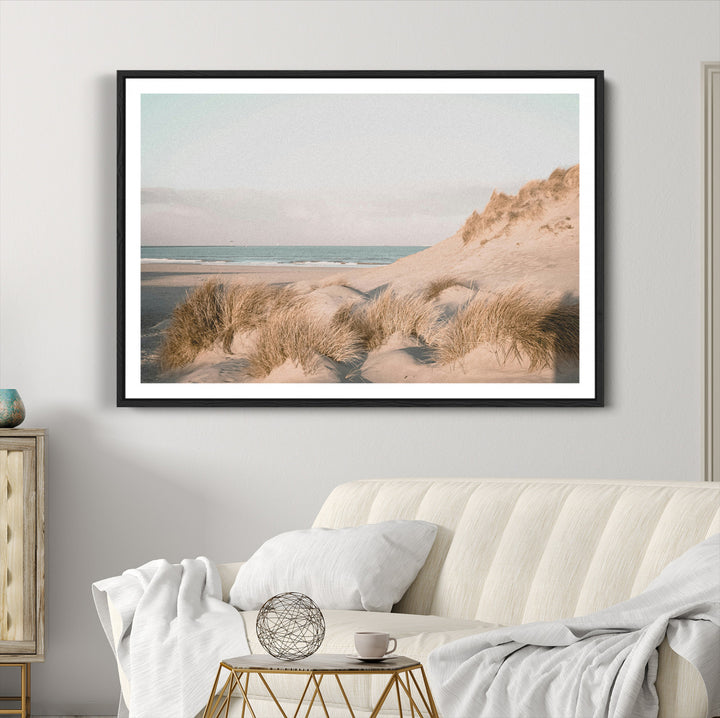 Minimalist Seascape Wall Art Canvas Print, Framed Neutral Beach Print Art Picture Print, Sand Dune Photography Perfect Scandinavian Coastal