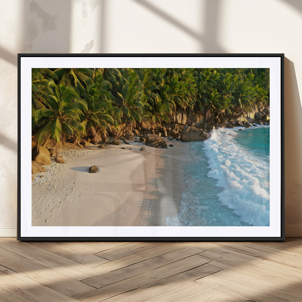 Tropical beach with golden sand, turquoise ocean waves, and lush palm trees, creating a serene coastal paradise for beach-themed decor.